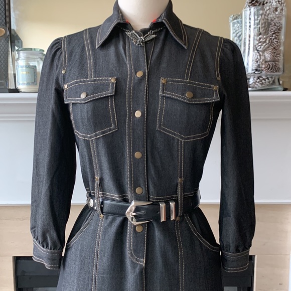 Cache Black Raw Denim Button Front A-line Dress, 4 - Picture 2 of 9